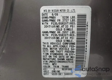 2009 Nissan Murano Le z USA, uszkodzony, nr VIN JN8AZ18W49W207529